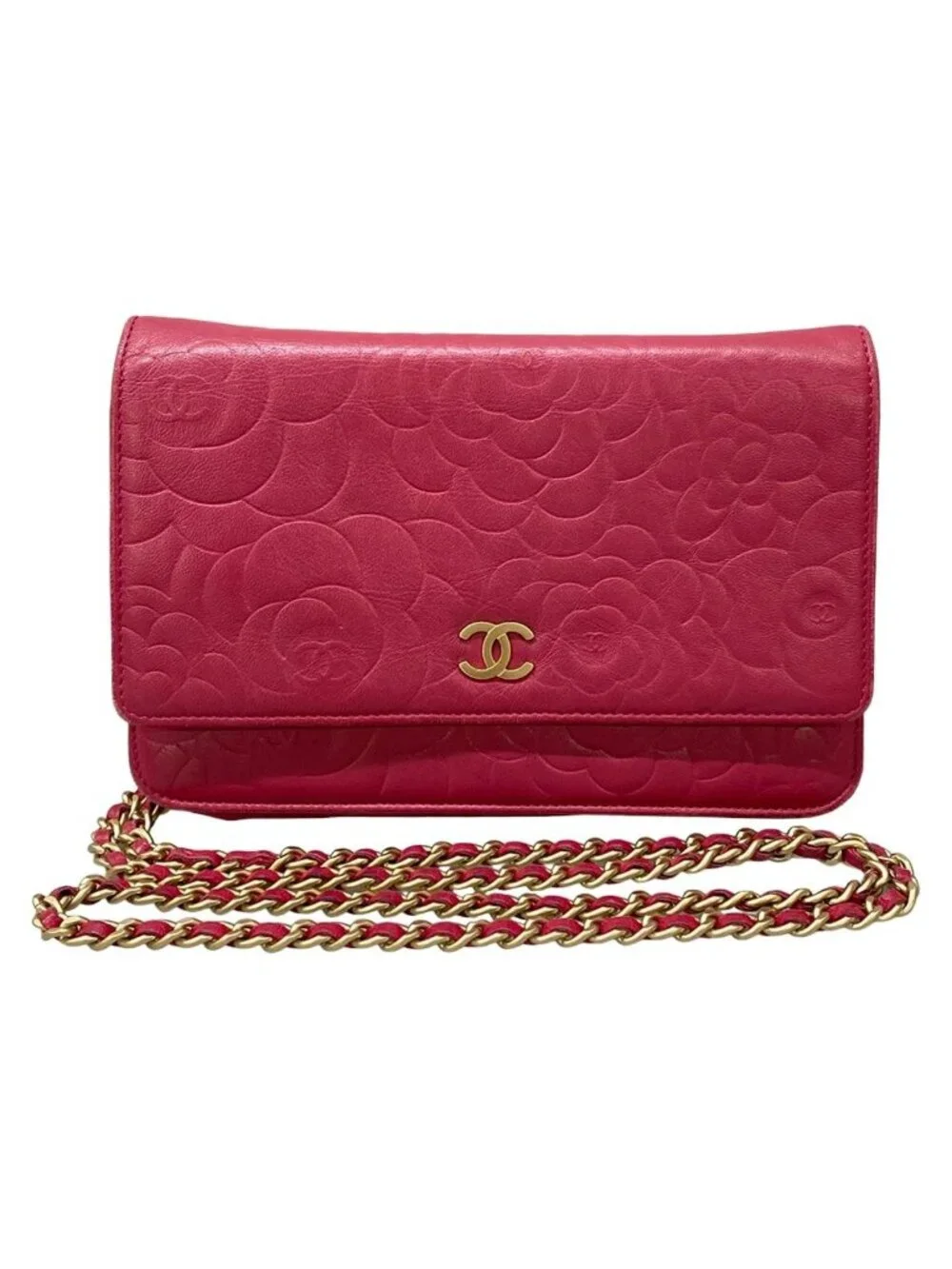 Chanel Wallet Camellia Pink Chain Matte Gold Lambskin Shoulder Bag